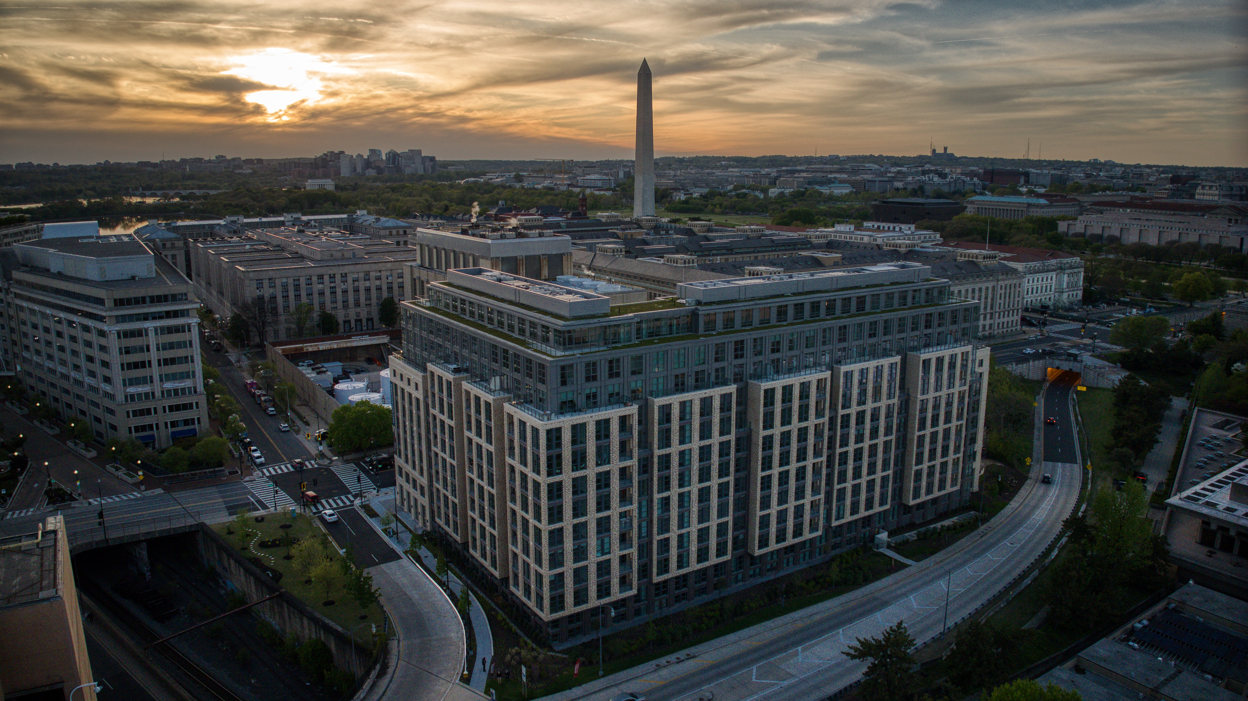 Washington Monument at sunset aerial view